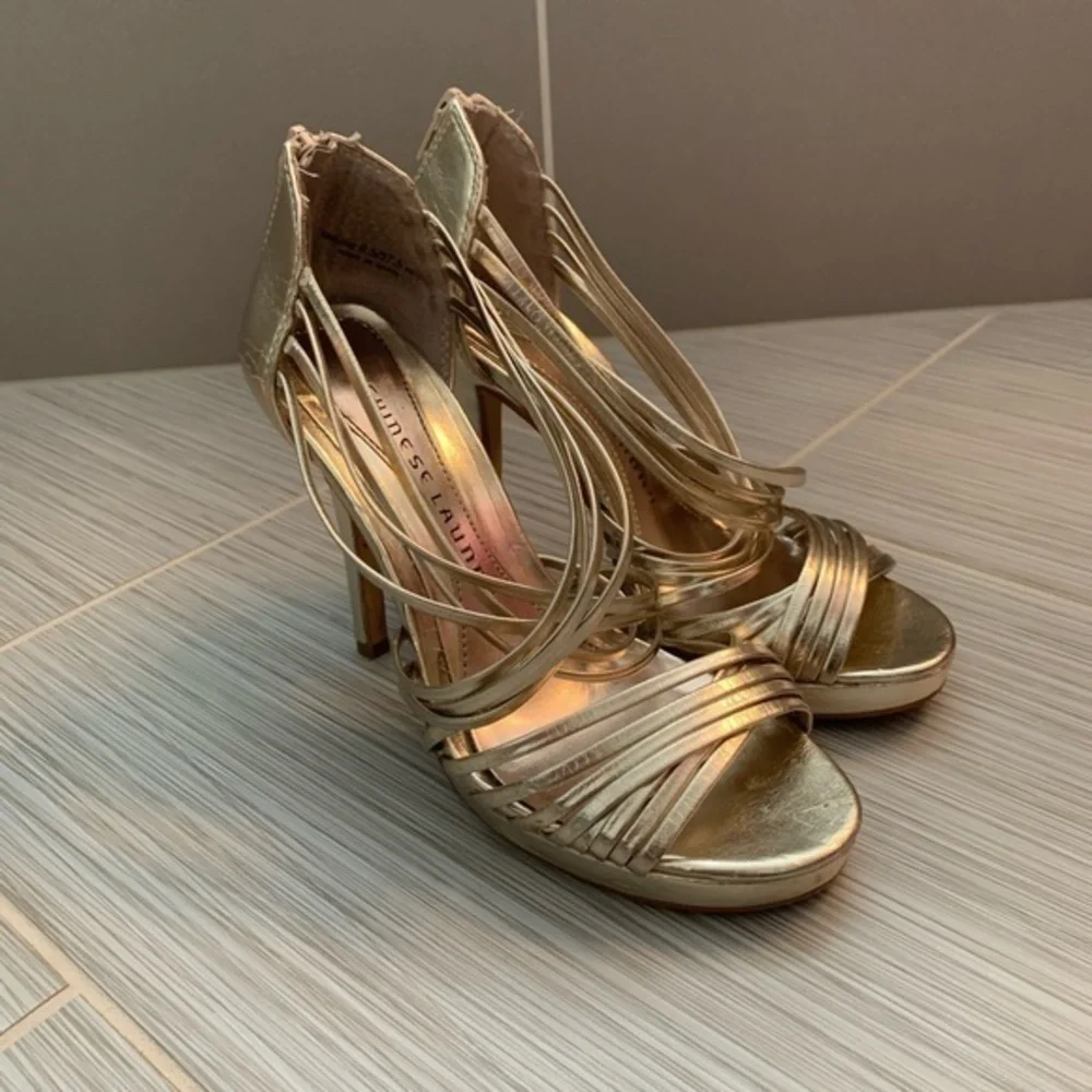 Chinese Laundry gold strappy platform heels